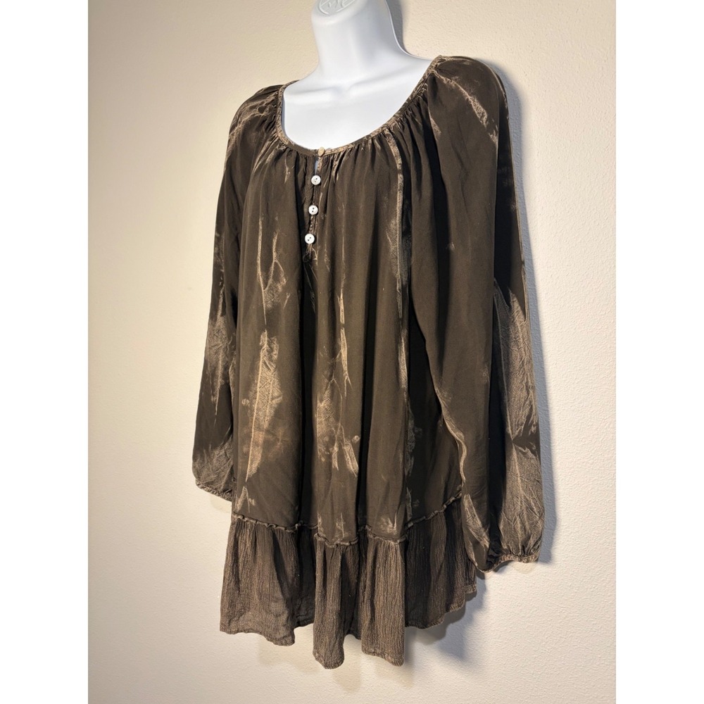 Sacred Threads Peasant Tunic Top~OSFM~ Brown Tie Dye Ruffle Hem Boho Festival